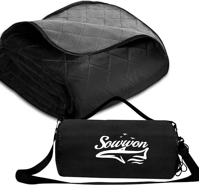 Waterproof Outdoor Blanket 92”X 60” Packable, Stadium Blankets for Camping with Quilted Fleece Lining, Large Windproof Emergency Throw Mat for Garss Picnic Hiking Road Trip, Machine Washable, Black