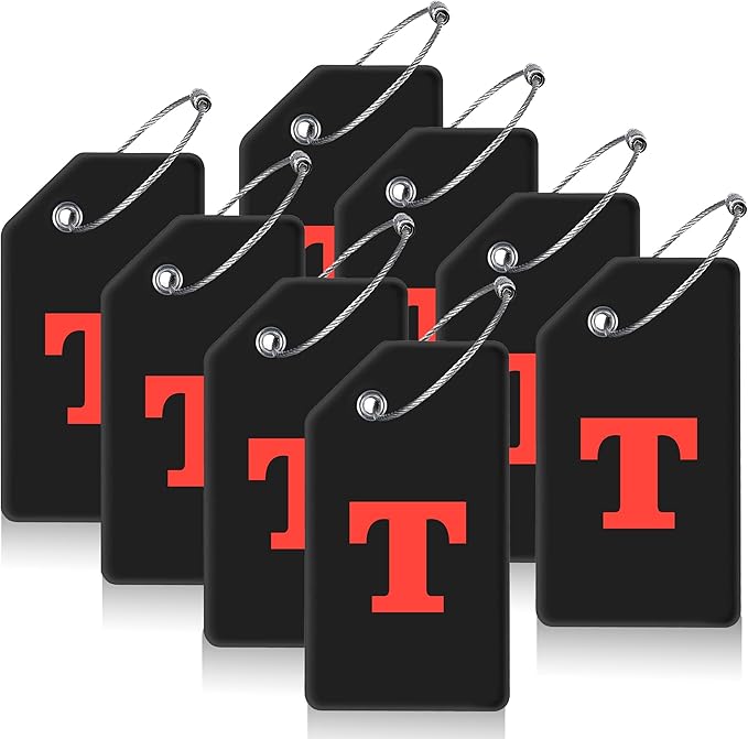 Gostwo 8 Pack Luggage Tags for Suitcases, 26 Initial Letter Travel Luggage Baggage Identification Labels ID Tags Fully Bendable Tags with Stainless Steel Loop (Letter T, Black)
