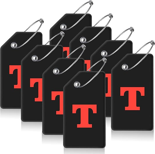 Gostwo 8 Pack Luggage Tags for Suitcases, 26 Initial Letter Travel Luggage Baggage Identification Labels ID Tags Fully Bendable Tags with Stainless Steel Loop (Letter T, Black)