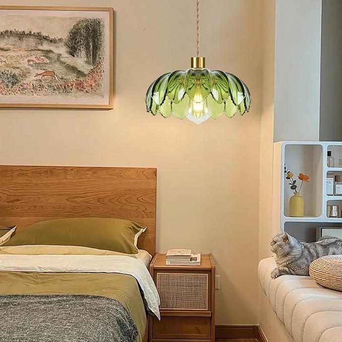 QIYIZM Plug in Pendant Light Hanging Lights with Plug in Cord Boho Hanging Lamp Glass Gold Mid Century Modern Vintage Dimmable Green Flower Plug in Chandelier Ceiling Fixture for Living Room,Kitchen