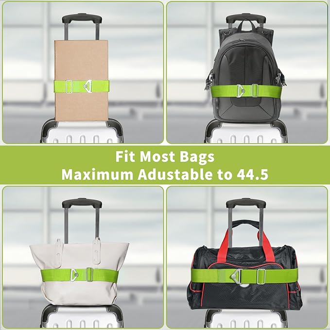 TOOVREN 2-in-1 Travel Belt for Luggage Straps Add a Bag Bungees Suitcase Luggage Strap Over Handle Suitcases Belt for Carry On Bag Adjustable Backpack Attachment Airport Travel Accessories Green