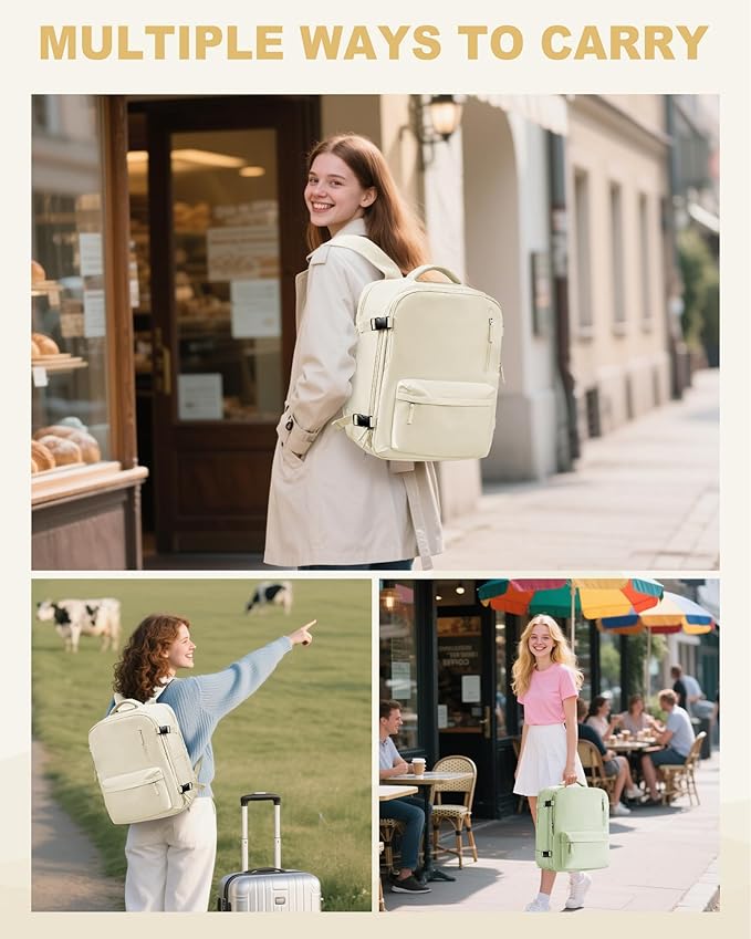 VECAVE Travel Backpack for Women, Airline Flight Approved Carry On Backpacks Waterproof 14 Inch Laptop Backpack with Shoe Compartment Casual Daypack Beige