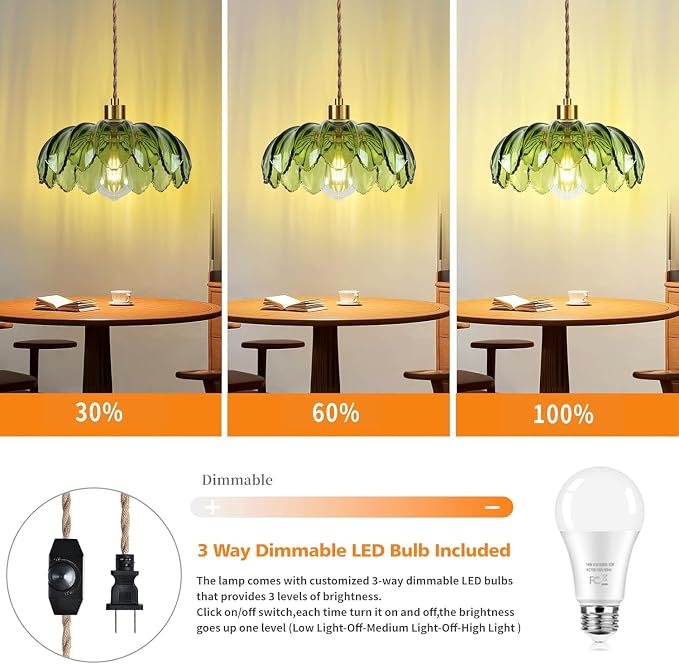 QIYIZM Plug in Pendant Light Hanging Lights with Plug in Cord Boho Hanging Lamp Glass Gold Mid Century Modern Vintage Dimmable Green Flower Plug in Chandelier Ceiling Fixture for Living Room,Kitchen
