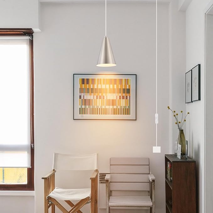Brushed Nickel Plug In Pendant Light,Hanging Lights with Plug In Cord On/Off Switch, Mini Silver Pendant Lights for Kitchen Island,Modern Chandelier with Metal Shade,Hanging Lamps for Bedroom