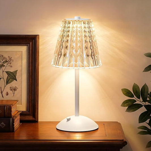 Nusogon Rechargeable Cordless Table Lamp, Touch Control Crystal Desk Lamp | 3 Color Dimmable LED Small Lamp for Bedroom Bedside Restaurant Kitchen Home Decor, White