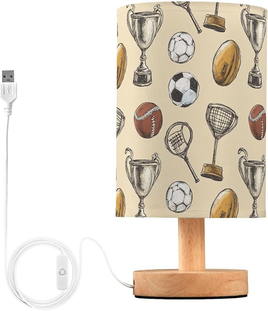 Fustylead Vintage Style Sports Equipment Bedside Lamps for Night Stands, USB Port with Button Switch, Study Linen Shade with Wooden Base Eye-Caring Warm Light Desk Lamp for Kids Room Bedroom