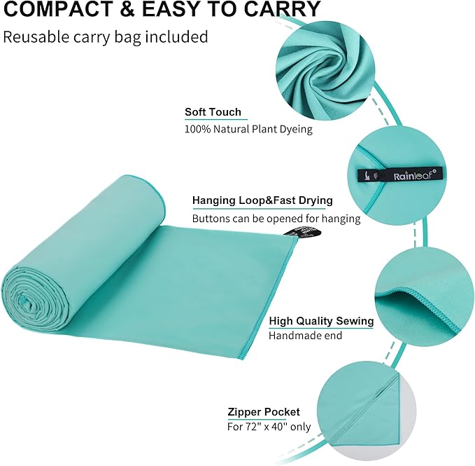 Rainleaf Microfiber Towel Perfect Travel & Gym & Camping Towel. Quick Dry - Super Absorbent - Ultra Compact - Lightweight. Suitable for Trip, Beach, Shower, Backpacking, Pool