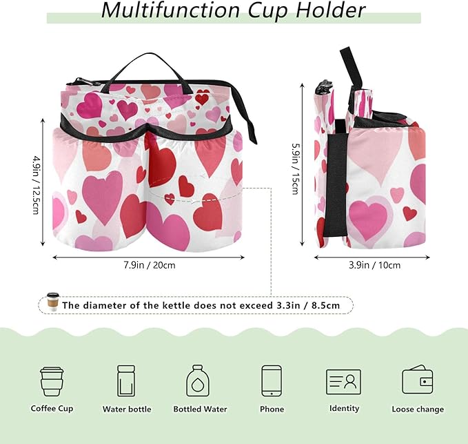Luggage Cup Holder for Suitcases Free Hands Travel Cup Holder Portable Suitcase Cup Drink Holder Luggage Cup Caddy Bag Carrier White Pink Love Valentine