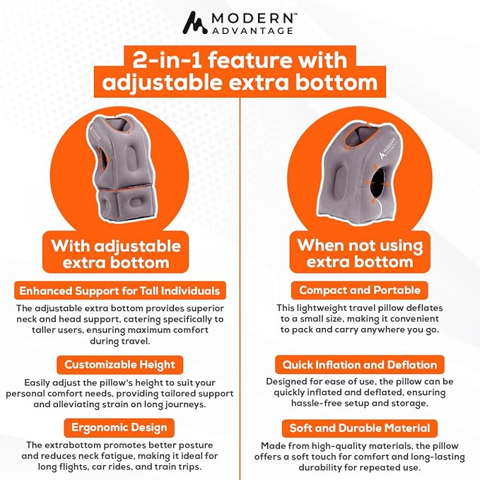 Modern Advantage Inflatable Travel Pillow with Adjustable Extra Bottom Support Neck Pillow for Chin & Head Stability Prevents Neck Pain Plane Pillow for Long Flight Travel - Eye Mask & Earplugs - Grey