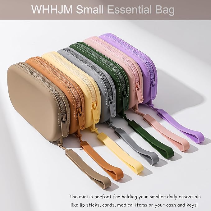 Small Silicone Multifunctional Essential Bag Portable Travel Makeup Bag for Women Men Cards Cash Bag Zipper Pouch (Khaki)