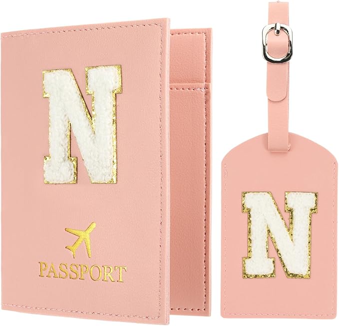 PATIKIL Passport Holder for Travel, Initial Passport Cover and Luggage Tag Set with Alphabet Chenille Letter Patch Travel Wallet Bag Suitcase Identifier for Women Family Travel Pink N