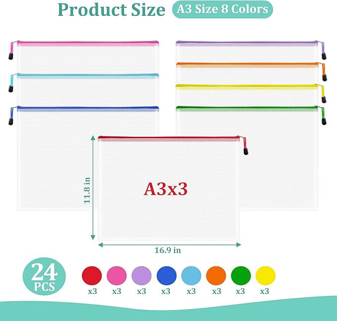 Mesh 24pcs Zipper Pouch Bags - A3 Size, 8 Color Mesh Zipper Pouches for Organizing, Board Game, Travel, School & Office