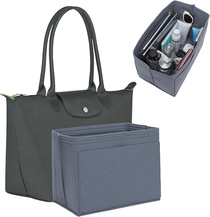 Premium Felt Purse Organizer Insert for Longchamp Le Pliage, Zipper Long Champ Bag Organizer Insert with Cup Holder, 9 Compartments