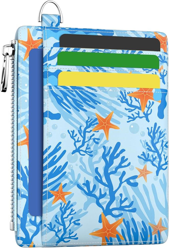 Hancynir Slim Wallet Women Credit Card Holder Ocean Sea Starfish Cute RFID Blocking Small Card Wallets Mini Front Pocket PU Leather Thin Travel Zipper Coin Cash Ladies Female Wallet Organizer Gifts