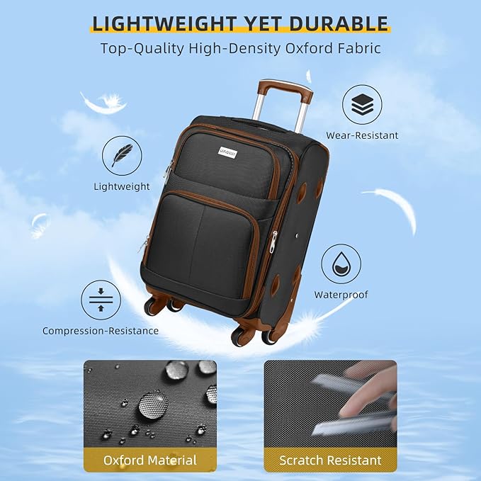 LARVENDER Softside Luggage Sets 3 Piece, Expandable Carry on Luggage 22x14x9 Airline Approved with TSA Lock Spinner Wheels, Lightweight Rolling Suitcase for Men and Women, Black