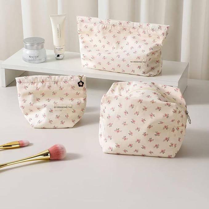 HAPPYHEIDI Makeup Bag Set of 2, Cute Accessory Pouch, Cotton, Floral, Zipper Closure, Large 10.2x7.8x2 Inches, Lightweight