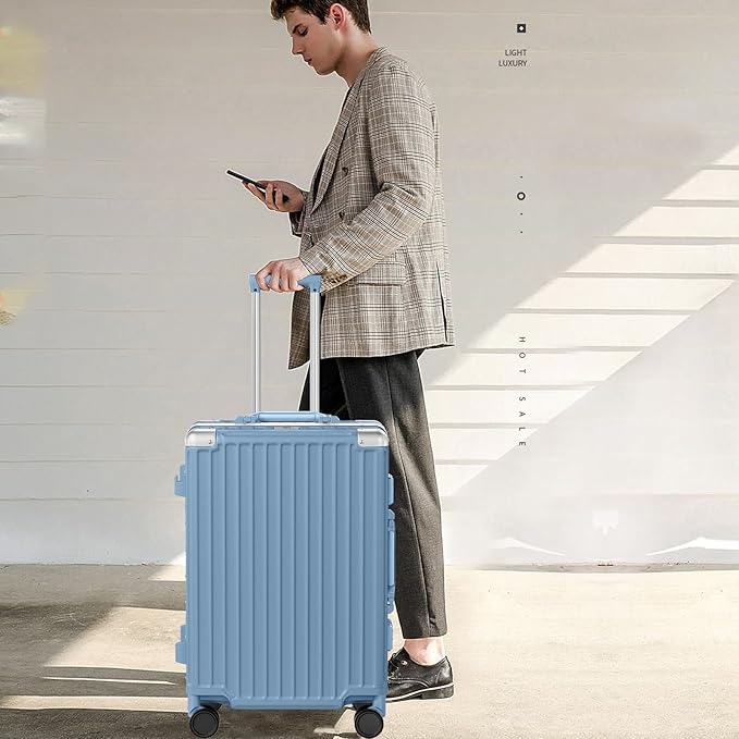 AnyZip Luggage PC+ABS Aluminum Frame Zipperless Checked Luggage Hard Shell Suitcase with TSA Lock Double Spinner Wheels 24 Inch Haze Blue