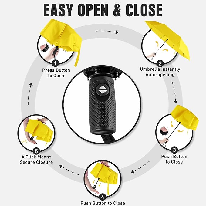 Windproof Travel Umbrella, Compact Umbrella, Car Umbrellas for Rain & Sun, 8 Fiberglass Ribs for Strong UV & Wind Resistance, Portable, Lightweight, Vent, Easy Automatic Open/Close
