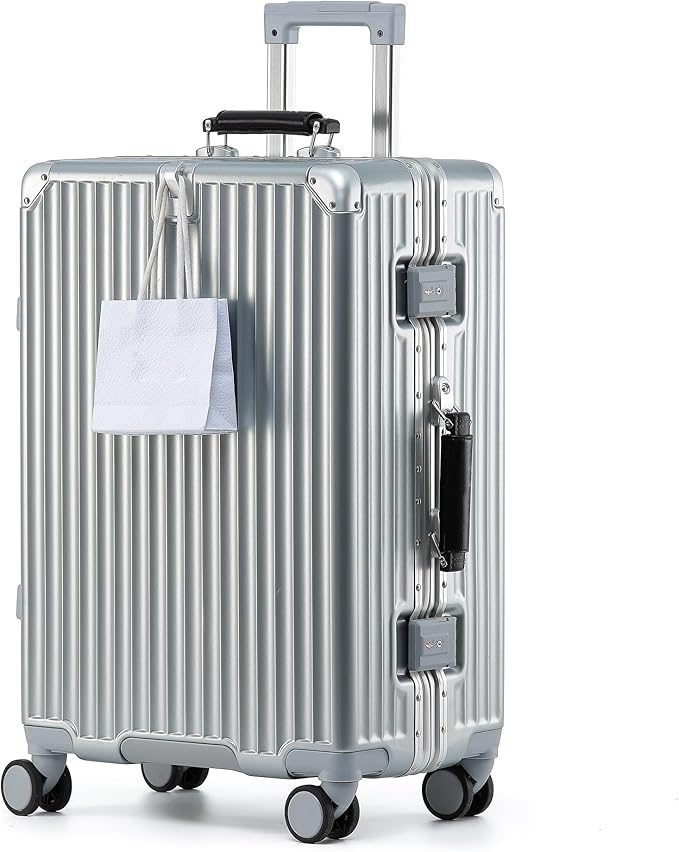 24 Inch Hardside Checked Luggage with Leather Handle, PC Zipperless Suitcase with Spinner Wheels and TSA Locks, Lightweight Checked Luggage for Travel