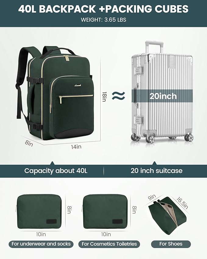 LOVEVOOK Travel Backpack for Women & Men 40L,Airline Approved Carry On Backpack Travel Essential,TSA Carry on Luggage,Waterproof Personal Item Travel Bag,Suitcase with Packing Cubes,Dark green-Black-1
