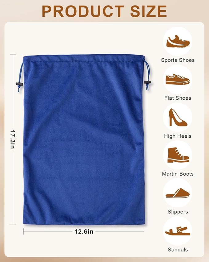 FantasyLife Shoe Bags for Travel, 17.3"x12.6" Washable Dust Bags for Storage & Packing, Flannel Shoe Pouch with Drawstring Closure for Purses, Handbags, Shoes & Toys (2, Palace Blue)