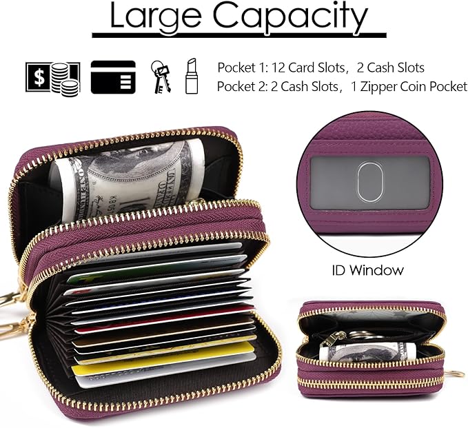 imeetu RFID Credit Card Holder, Small Leather Zipper Card Case Wallet for Women