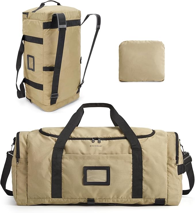 BAGSAMRT 60L Foldable Duffle Bag for Travel, Large Travel Duffel Bag for Men, 4 in 1 Travel Backpack, Carry on Weekender Bag, Light Brown