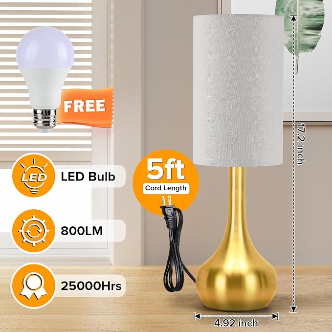 Touch Gold Table Lamp for Nightstand, 3-Way Dimmable, Space Saving & No Assembly Required, Upgraded Small Bedside Lamp for Bedroom, Living Room, Office (Bulb Included)