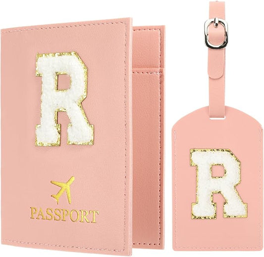 PATIKIL Passport Holder for Travel, Initial Passport Cover and Luggage Tag Set with Alphabet Chenille Letter Patch Travel Wallet Bag Suitcase Identifier for Women Family Travel Pink R