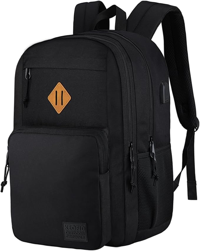 KEOFID Travel backpack for Men and Women, Anti Theft Laptop Backpack with USB Charging Port for Work, Large Bag for College, BLACK BOOK BAG FOR BOYS, GILRS Backpack,Water Resistent(Black)