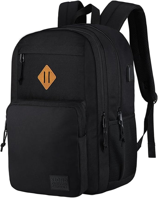 KEOFID Travel backpack for Men and Women, Anti Theft Laptop Backpack with USB Charging Port for Work, Large Bag for College, BLACK BOOK BAG FOR BOYS, GILRS Backpack,Water Resistent(Black)