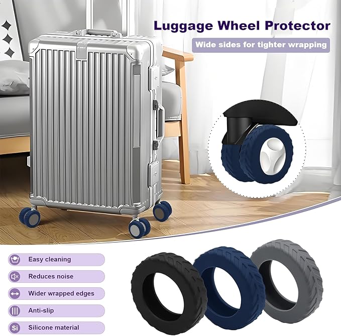 8Pcs Luggage Wheel Covers,Silicone Suitcase Cover for 2-2.4'' Spinner Wheel, Carry On Luggage Wheels Protector,Upgrade Suitcase Wheels Protective,Essential Travel Accessories (Dark Blue-L)