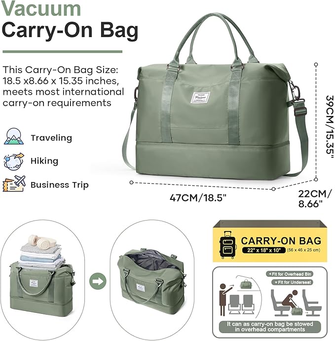 Overnight Weekender Bags for Women,Vacuum Travel Duffel Bag with Air Pump, Personal Item Travel Bag with Shoes Compartment & Compression Pocket,Olive Green
