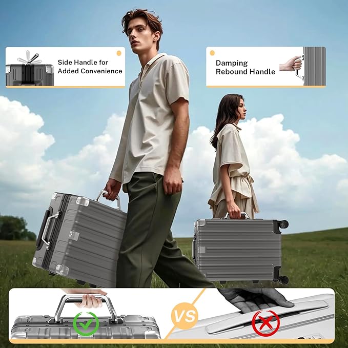 Krute No Zipper Luggage Set 2 Pieces Aluminum Frame Suitcase Sets Polycarbonate Hard Shell Luggage TSA Lock Checked Suitcase with Spinner Wheels