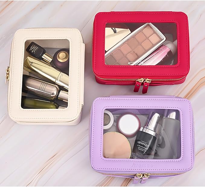 Aveniee Clear Makeup Bag Organizer, Travel Toiletry Bag Cosmetic Case for Women, Make Up Skincare Pouch Car Organizer Bag with Zippers for Essentials,Lilac,Medium Classic