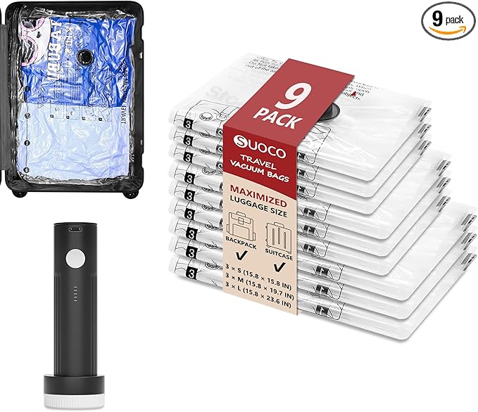 Travel Vacuum Bags for Clothing with Rechargeable Electric Pump, Compression Packing Cubes Organizer Storage for Luggage Suitcase, Space Saver Seal Bags for Vacation Cruise, 9 Combo
