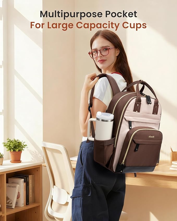 LOVEVOOK Laptop Backpack for Women with Giant Tumbler Holder,15.6 inch School College Book Bag Nurse Teacher Backpack,Waterproof Work Travel Backpack Purse Laptop Computer Bag,Coffee-Milk tea-Coffee