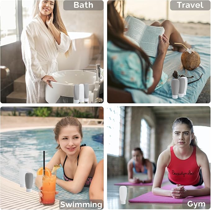 Travel Bottles for Toiletries 6 Pack, Leakproof 2 oz Tsa Approved Travel Size Containers, BPA Free Plastic Shampoo and Conditioner Bottles, Camping Travel Essentials (Black & White)