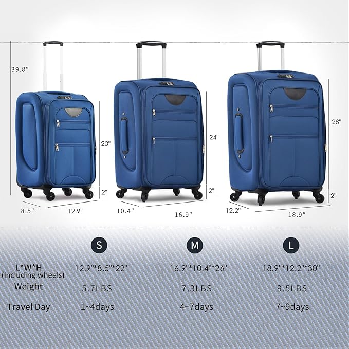 Luggage Sets 3 Piece - 20" Carry-On, 24” & 28” Checked Luggage Set, Expandable Luggage Lightweight Suitcase with Spinner Wheels & TSA Lock for Family Extended Travel (Blue)