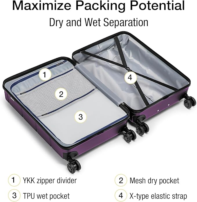 KYME Carry On Luggage 22x14x9 Airline Approved with TSA Lock Hardshell Expandable 20 Inch Luggage Carry On Suitcase with Wheels Small Travel Rolling Luggage with Cup Holder for Women Dark Purple