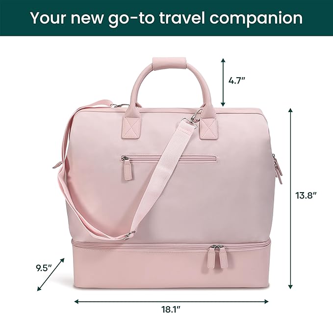 NOBL Travel Weekender Bag for Women & Men, Large Duffel Carry-On Tote with Trolley Sleeve, Separate Shoe Compartment & Laptop Pocket, Leather Overnight Bag for Airplane, Gym, Road Trips - Blush