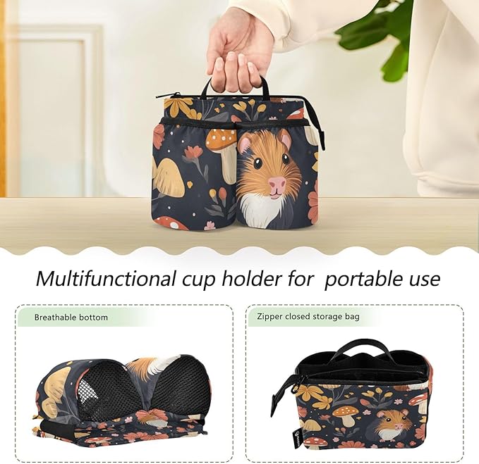 Guinea Pig Mushroom Floral Black Luggage Cup Holder Travel Portable Free Hand Drink Carrier Suitcase Drinks Beverage Holder Carry-On Bottle Mug Holder Organizer Bag Travelers Accessories