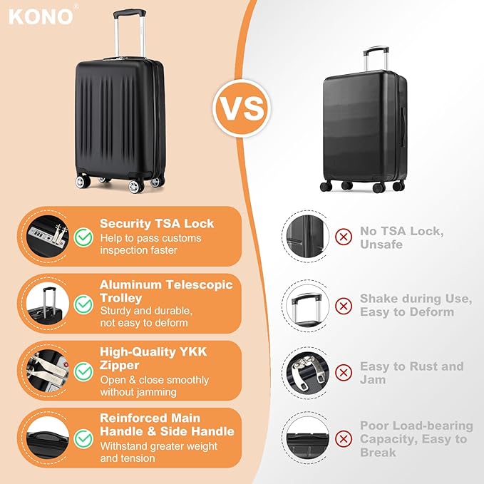 Kono Small 20 Inch Expandable Carry On Luggage with Quiet Spinner Wheels & TSA Lock, Scratch and Drop Resistant PC+ABS Hardside 22x14x9 Airline Approved Suitcase, Black