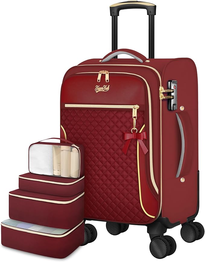 Carry On Luggage 22x14x9 Airline Approved, 20 Inch Softside Suitcase with 4 Pcs, Lightweight Luggage for Women with TSA Lock and 4 Spinner Wheels, Soft Side Carry-on Suitcases for Travel, Red