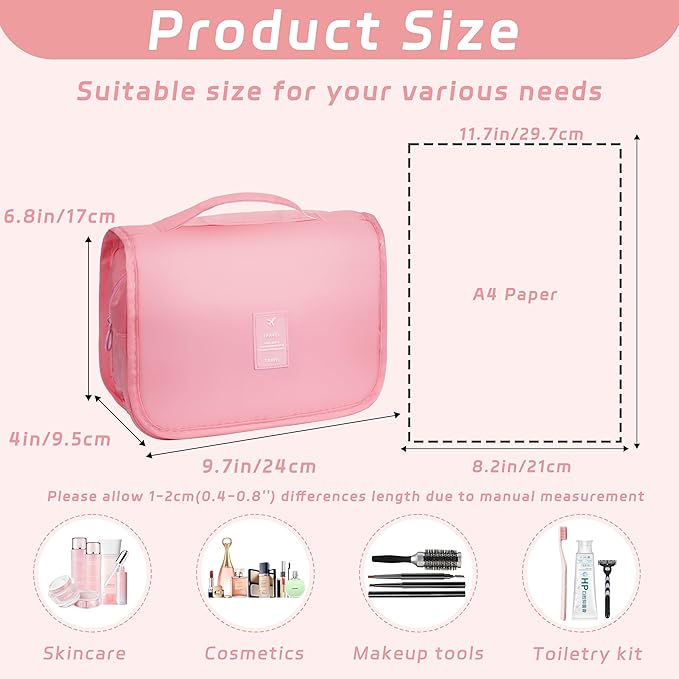 Toiletry Bag Travel Bag with Hanging Hook, Waterproof Capacity Hanging Multifunctional Makeup Bag for Toiletries, Portable Cosmetic Bag Travel Organizer for Women and Men(Pink)
