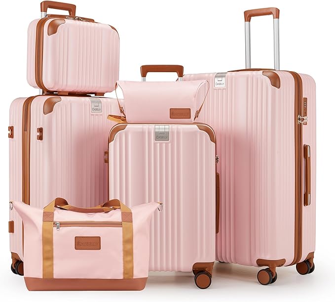 Luggage Set 6 Piece with Cup Holder,Hardshell TSA Lock Spinner Wheels Carry on Lightweight Suitcase，Hook and YKK Zippers for Valentine Gifts(Pink, 6 piece sets（14/20/24/28/DB/TB）)