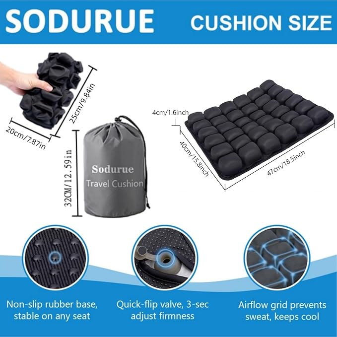 Sodurue Travel Cushion Airplane Seat,Airplane Seat Cushion for Long Flights,Press Type Air Inflatable Wheelchair Seat Cushion for Car,Office,Stadium,Ergonomic Comfort Support,Heavy Duty (36 Air Bag)