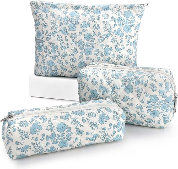 EIMMBD Makeup Bag 3 Pieces Large Capacity Cosmetic Bag Travel Toiletry Bag Organizer Cute Makeup Bag Pouch Storage Bag for Women(Blue White)