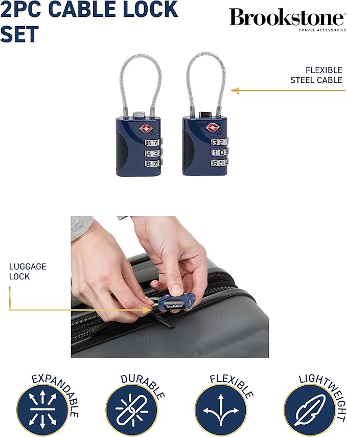 Brookstone Cable Lock - 2 Pack TSA-Approved 3-Digit Keyless Luggage Travel Lock - Resettable Combination Wire Padlock, Blue