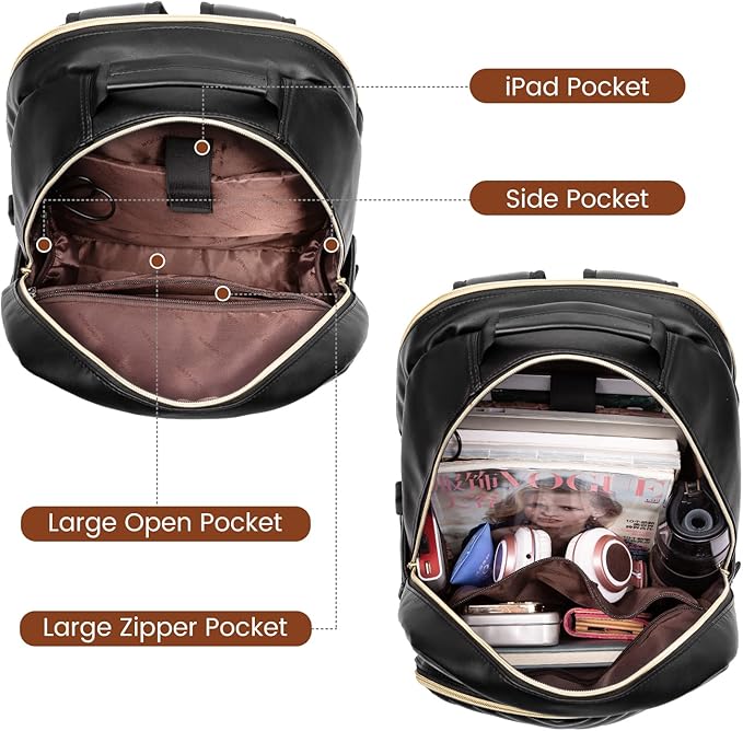 LOVEVOOK Laptop Backpack Purse for Women, Large Capacity Travel Computer Work Bag, Faux PU Leather Quilted Casual Nurse Backpack for Womens, Fit 15.6 Inch Laptop with USB Port, Black